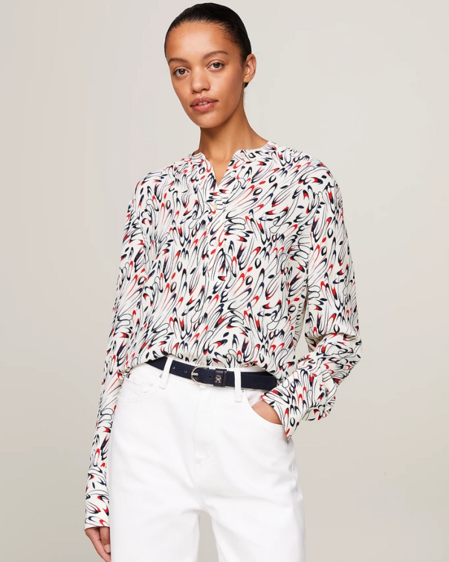 Tommy Women Tommy Hilfiger - Small Ribbon Collarless Shirt | Tops